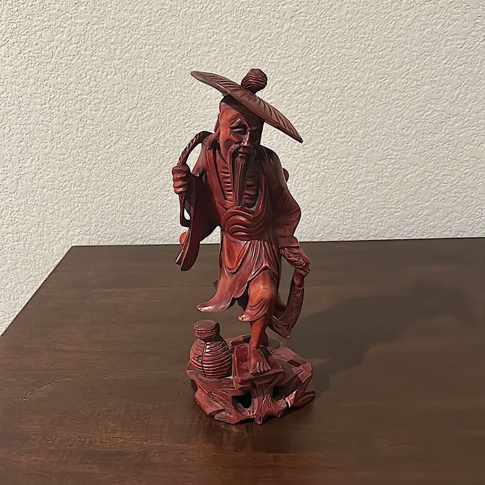 Vintage Figurine Asian wood Carved statuette Old Man With Fish removable hat